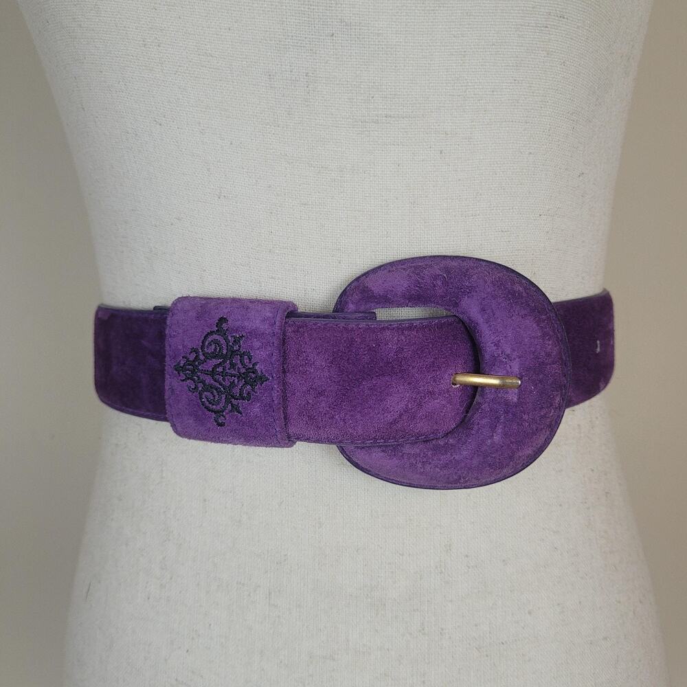 Vintage Sostanza Belt Medium Purple Suede Leather Wide Embroidered Boho 80s